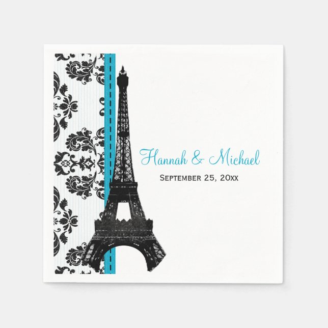 Guardanapo De Papel Casamento Turquesa Damask Torre Eiffel (Frente)