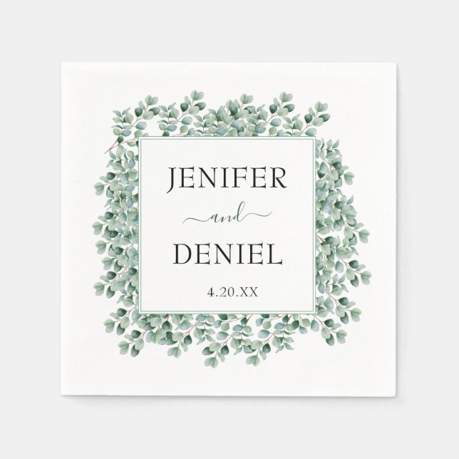 Guardanapo De Papel Casamento Verde Botânico de Eucalipto (Frente)