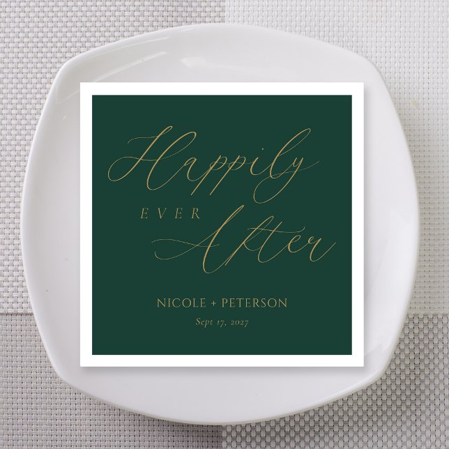 Guardanapo De Papel Casamento Verde Esmeralda com Letra Dourada Elegan (Emerald green napkin, "Happily Ever After" in gold flourish calligraphy, personalized names)