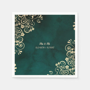 Guardanapo De Papel Casamento Verde Esmeralda com Ondas de Ouro