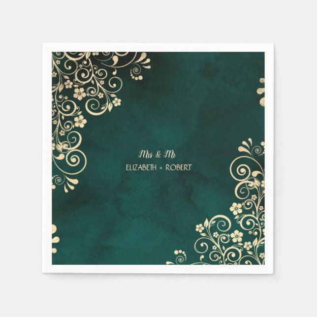 Guardanapo De Papel Casamento Verde Esmeralda com Ondas de Ouro (Frente)