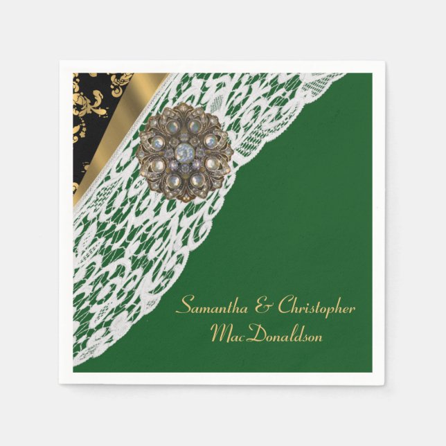 Guardanapo De Papel Casamento verde preto e branco-dourado (Frente)