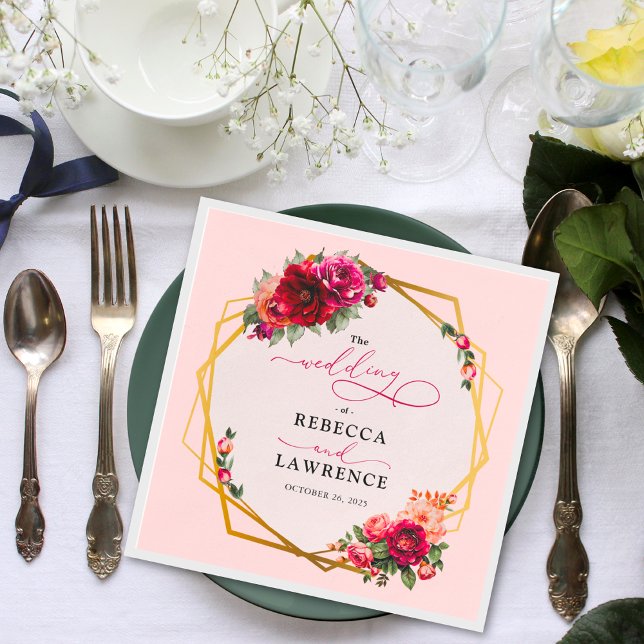 Guardanapo De Papel Casamento vermelho-quic, floral e dourado falso (Criador carregado)