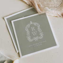 Guardanapo De Papel Casamento Vintage Monograma Crista Nomes Verde Sag