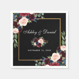 Guardanapo De Papel Casamento Watercolor Burgundy Floral Black Dourado