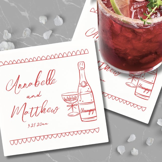 Guardanapo De Papel Casamento Whimsical Vermelho Desenhado Mão (Hand Drawn Red Whimsical Wedding Napkins)