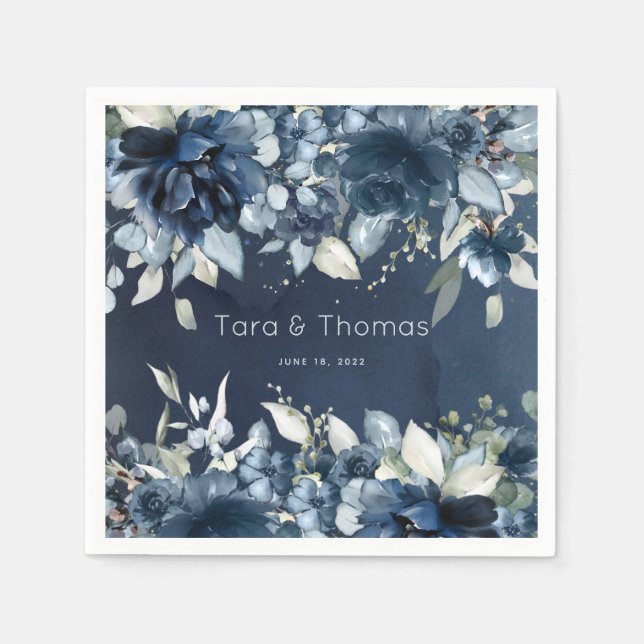 Guardanapo De Papel Cascading Peonies Wedktail Marinho Napkins (Frente)