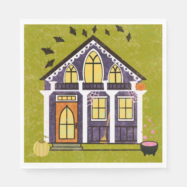 Guardanapo De Papel Casinha Assombrada de Bruxa Fofa de Halloween  (Frente)