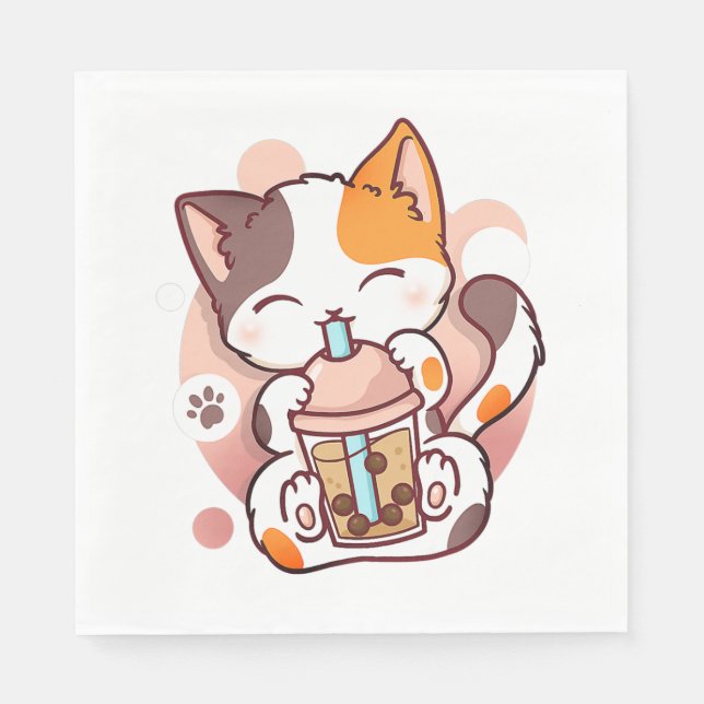 Guardanapo De Papel Cat Boba Tea Bubble Tea Anime Kawaii Neko para Gar (Frente)
