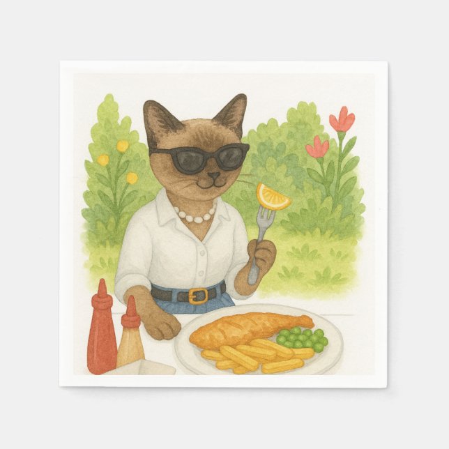 Guardanapo De Papel Cat está comendo Peixe e Chips em Londres Inglater (Frente)