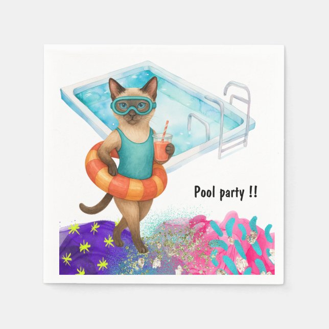 Guardanapo De Papel Cat is at the pool for pool party (Frente)