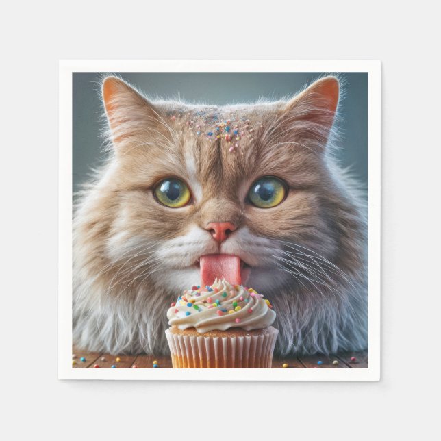 Guardanapo De Papel Cat Licenciando Um Cupcake De Aniversário (Frente)