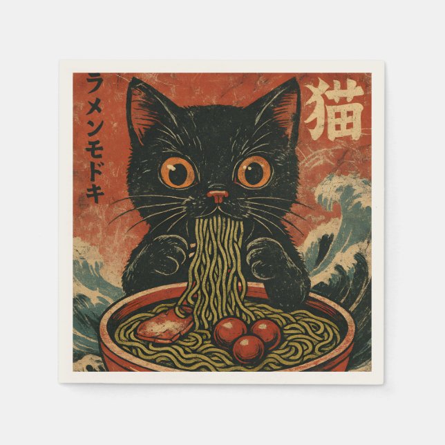 Guardanapo De Papel Cat Ramen Japonês Engraçado Gráfico Kawaii (Frente)