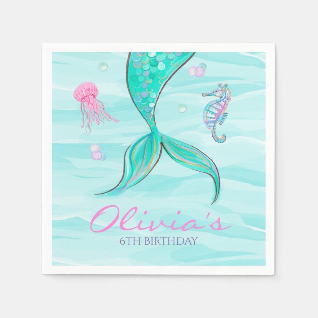 Guardanapo De Papel Cauda de Sereia Debaixo do Mar Aniversário (Frente)