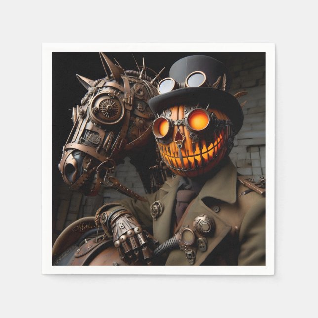 Guardanapo De Papel Cavaleiro Abóbora de Halloween Steampunk (Frente)