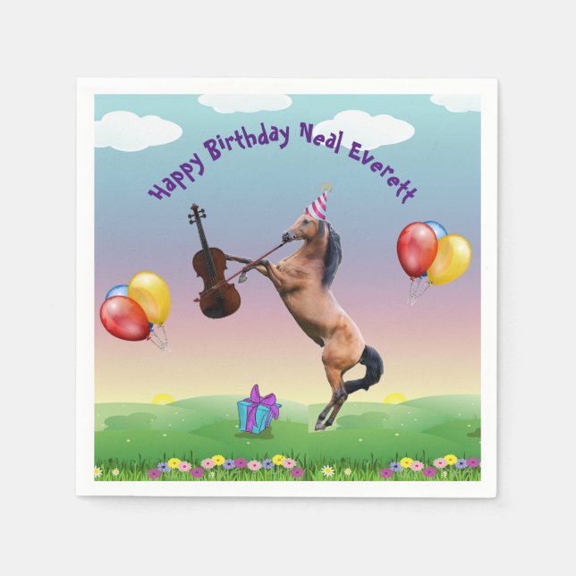 Guardanapo De Papel Cavalo Jogando Violino Aniversário (Frente)