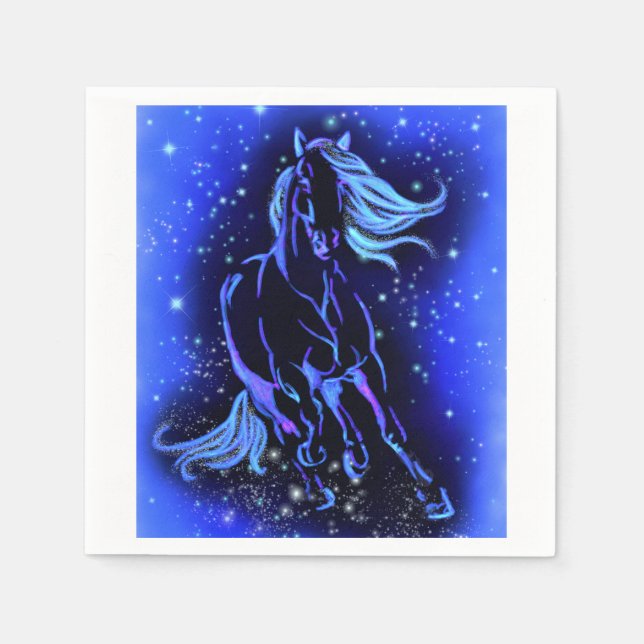 Guardanapo De Papel Cavalo Napkins Correndo Na Noite Azul Estrelada (Frente)