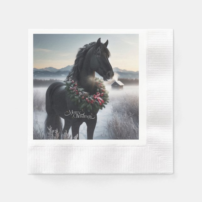 Guardanapo De Papel Cavalo negro na neve com coroa de Natal (Frente)