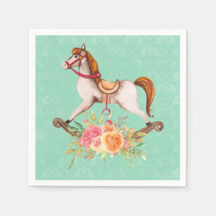 Guardanapo De Papel Cavalo Rocking Vintage com Buquê Floral