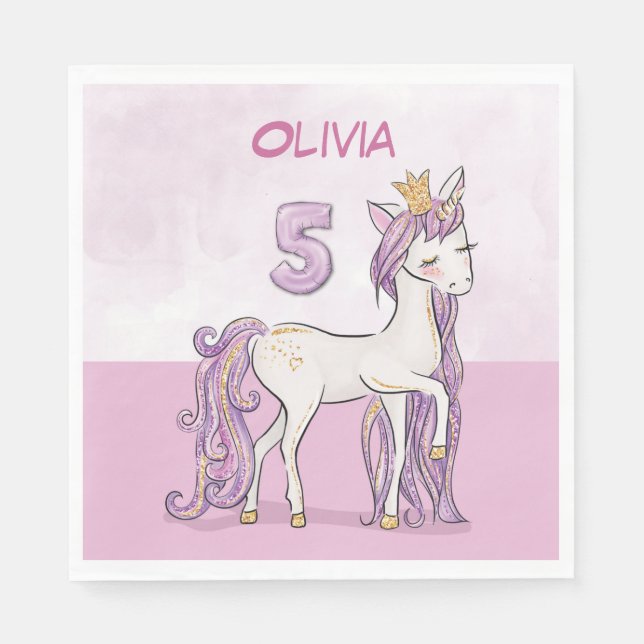 Guardanapo De Papel Cavalo Rosa De Aniversário Com 5 De Nome Personali (Frente)