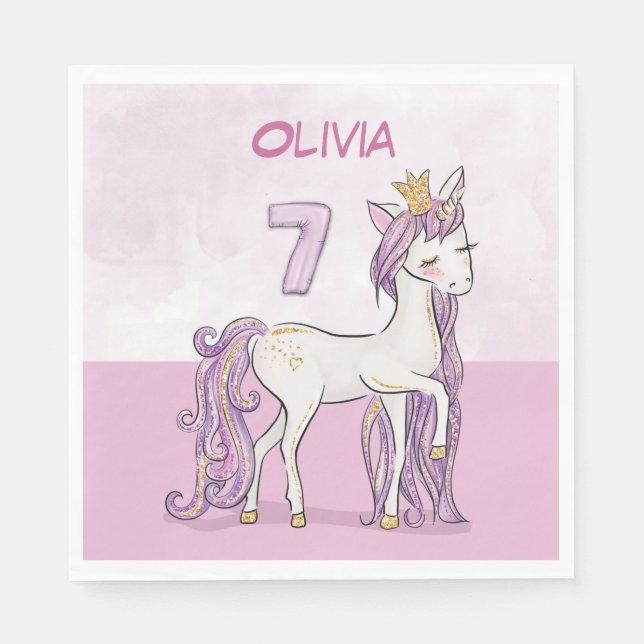 Guardanapo De Papel Cavalo Rosa De Aniversário Com 7 De Nome Personali (Frente)
