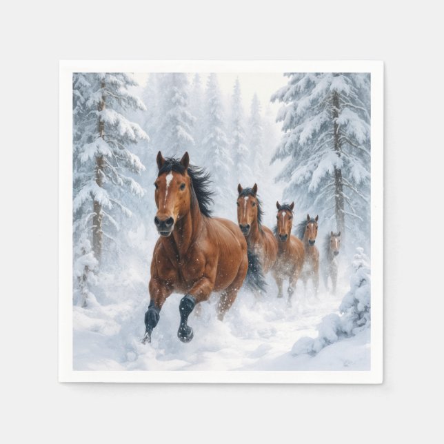 Guardanapo De Papel Cavalos Selvagens Correndo por uma Floresta Nevada (Frente)