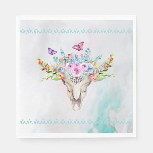 Guardanapo De Papel Caveira Animal Boho com Borboletas e Flores (Frente)