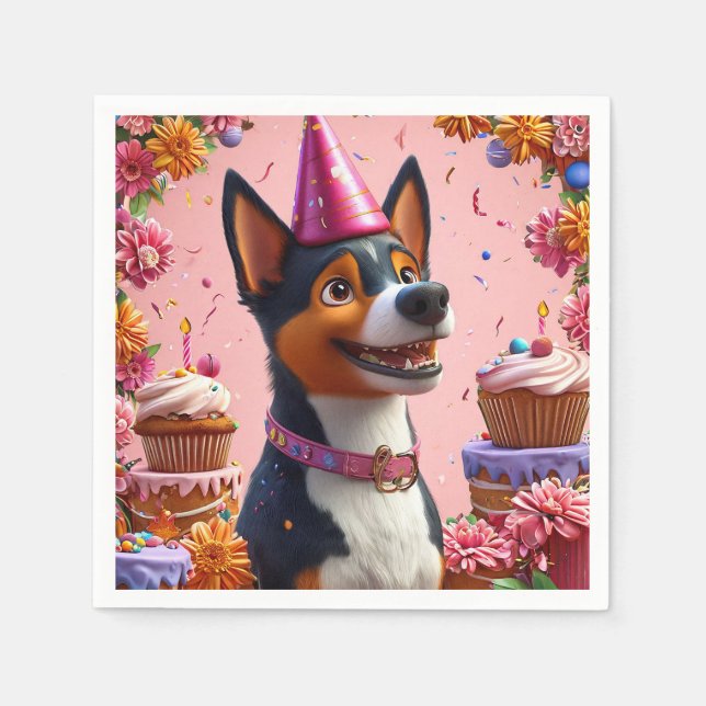 Guardanapo De Papel Celebração De Aniversário Com Cão Feliz (Frente)