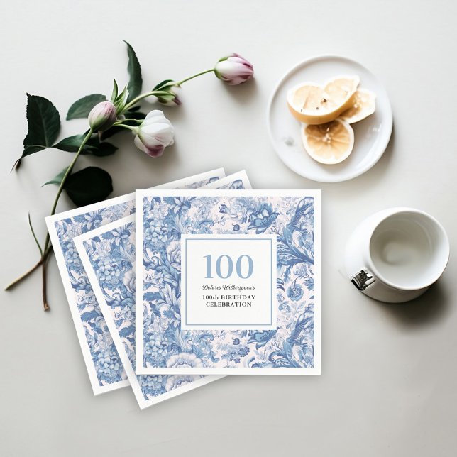Guardanapo De Papel Celebração de aniversário do Toile Azul francês 10 (Personalize these French blue toile party napkins for your event.)