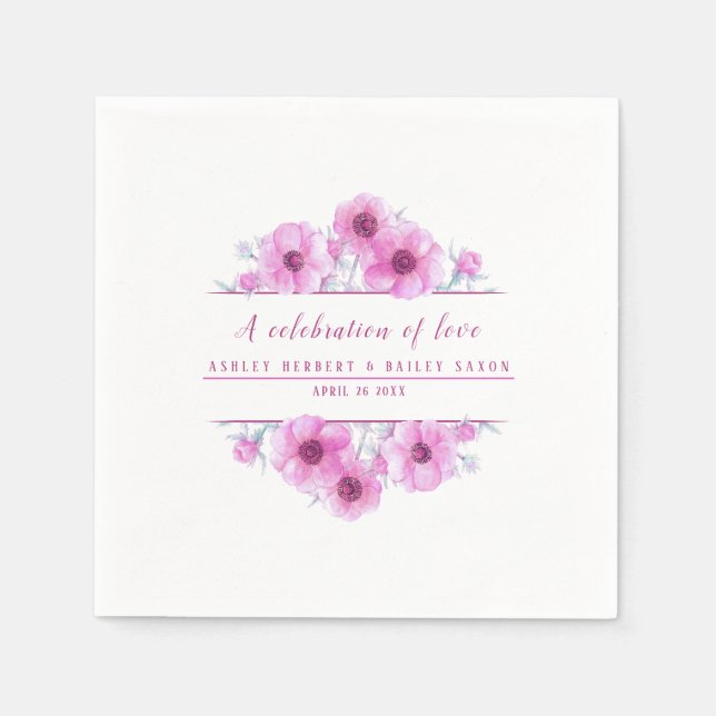 Guardanapo De Papel Celebração de arte por aquarela de flor rosa anêmo (Frente)