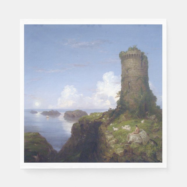 Guardanapo De Papel Cena Costeira Italiana com Torre Arruinada (Frente)