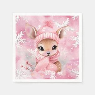 Guardanapo De Papel Cena de Inverno com Veado, Chapéu Rosa e Cachecol