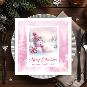Guardanapo De Papel Cena de Natal do Boneco de Neve Rosa Brilhante