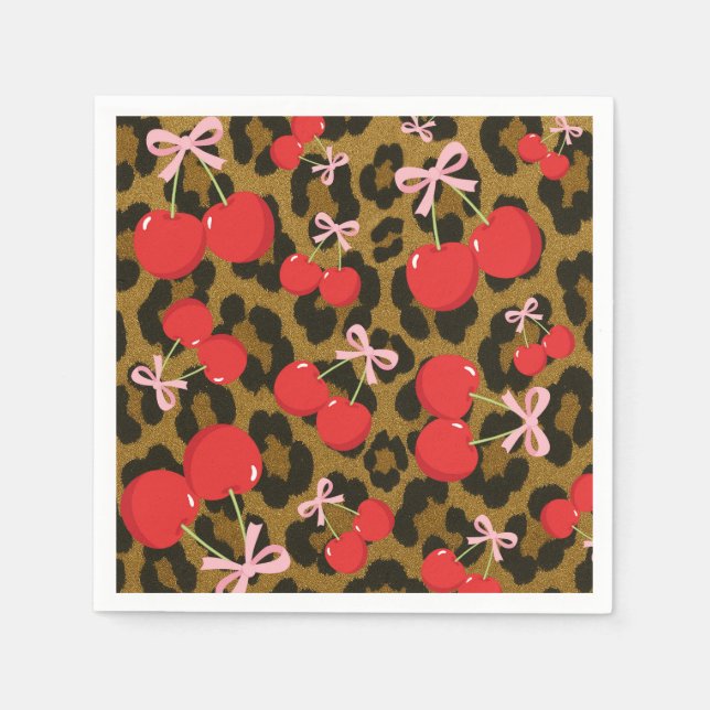 Guardanapo De Papel Cerejas Vermelhas com Laço Rosa Impressão Leopardo (Frente)