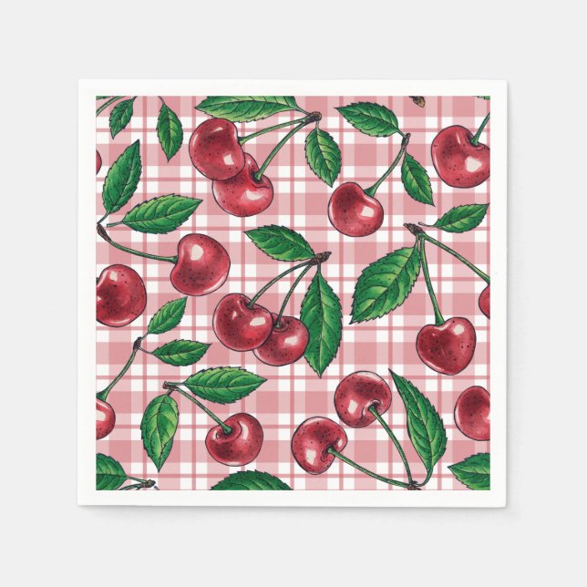 Guardanapo De Papel Cerejas vermelhas em gingham rosa (Frente)