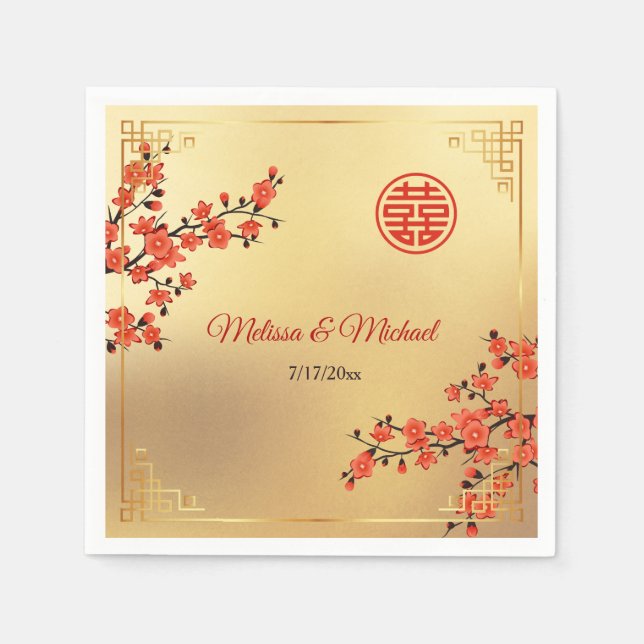 Guardanapo De Papel   Cerejeiras Vermelhas em Flor Dourado Costume de  (Frente)