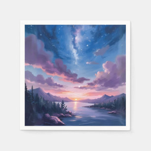 Guardanapo De Papel Céu Noturno   Lago Estrelado Roxo Aquarela