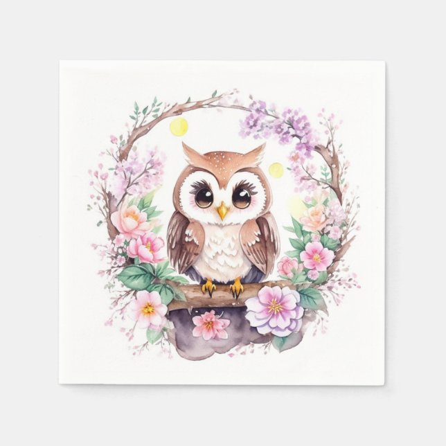 Guardanapo De Papel Chá de Bebê Aventura de Coruja Rosa (Frente)