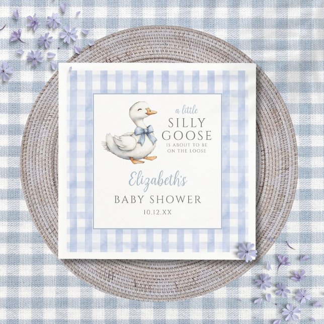 Guardanapo De Papel Chá de Bebê Azul Bobo do Ganso Azul Xadrez (Silly Little Goose Blue Gingham Baby Shower Napkins)
