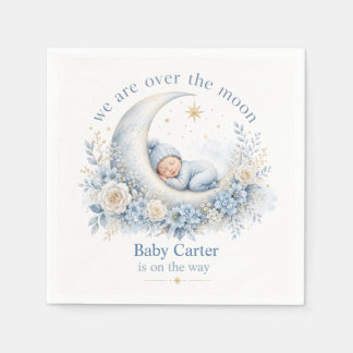 Guardanapo De Papel Chá de Bebê Azul Lua Acima com Nome Personalizado