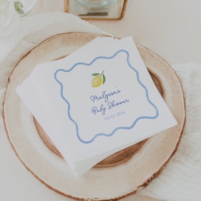 Guardanapo De Papel Chá de Bebê Bordo Ondulado Azul Claro Limões (Squiggle border Mediterranean boy baby shower napkin design with watercolor lemon)