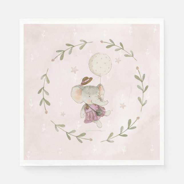 Guardanapo De Papel Chá de Bebê Botânico Boho Elefante Menina Doce (Frente)