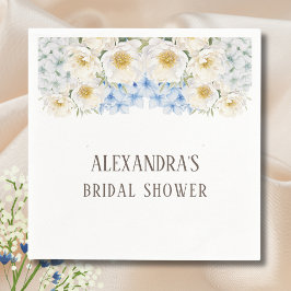 Guardanapo De Papel Chá de Bebê Branco Floral com Hortênsias Azuis