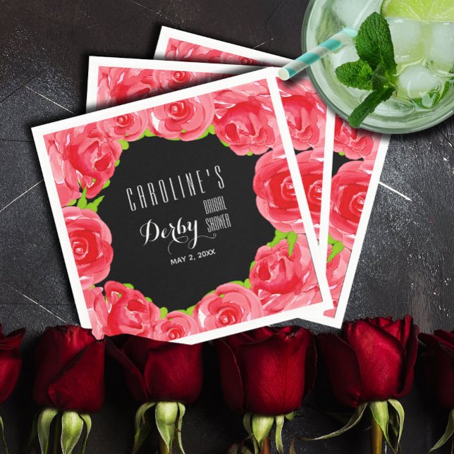 Guardanapo De Papel Chá de Bebê de Derby de Rosas Vermelhas em Aquarel (Watercolor Red Roses Derby-Style Bridal Shower Cocktail Napkins)
