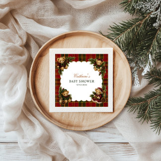 Guardanapo De Papel Chá de Bebê de Natal com Ursinho Xadrez Tartan