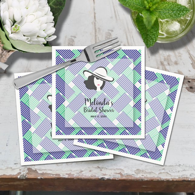 Guardanapo De Papel Chá de Bebê do Grande Chapéu Derby (Derby hat blue and green diagonal stripes bridal shower cocktail napkins)