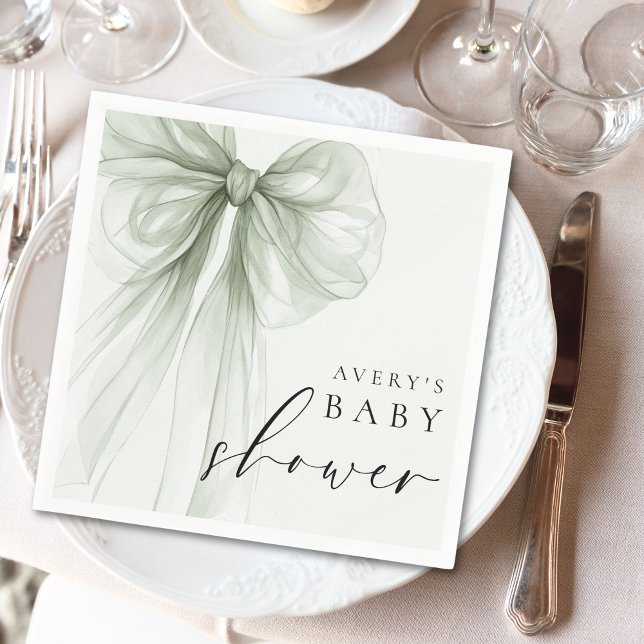Guardanapo De Papel Chá de Bebê Elegante com Laço Verde Sálvia (Criador carregado)
