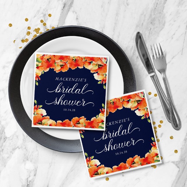 Guardanapo De Papel Chá de Bebê Elegante em Azul Naval com Papoula Dou (Elegant Navy Blue Golden Poppy Bridal Shower Napkins)