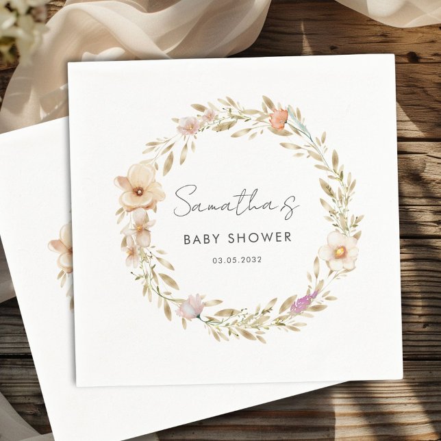 Guardanapo De Papel Chá de Bebê Flor Boho (Boho Flower Baby Shower Custom Napkins with your Name & Date. For Baby Girl & Baby Boy.)