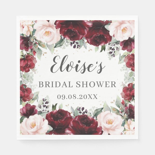 Guardanapo De Papel Chá de Bebê Floral Casamento Rosa Borgonha Bridal  (Frente)